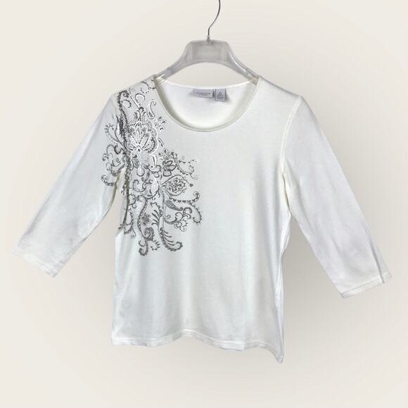 Chico's Weekend White & Silver Tee Shirt Floral Print Embellishment Stretchy - Picture 1 of 6